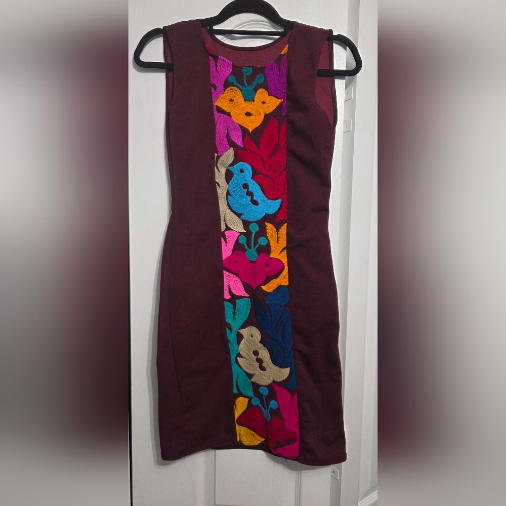 Mexican Embroidered Burgundy Dress with Multicolor Accents